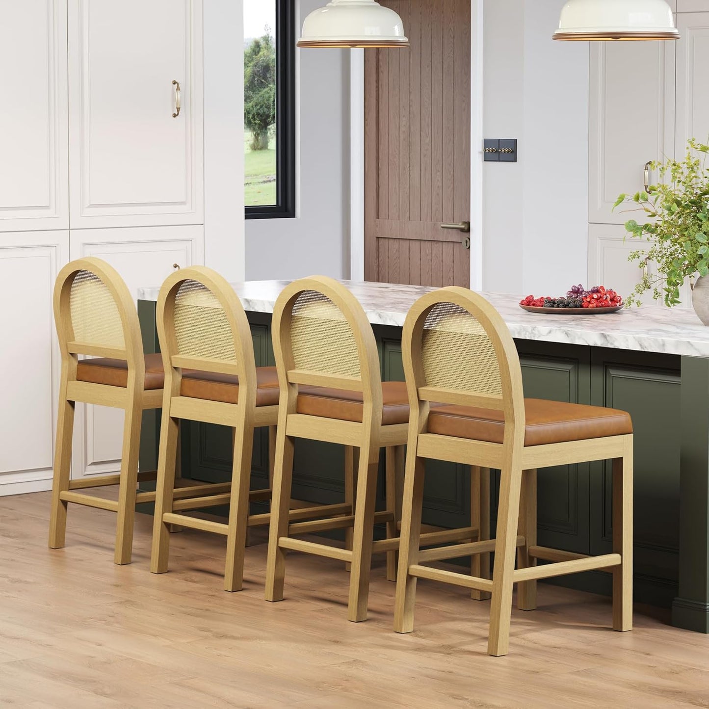 STHOUYN Upholstered Rattan Bar Stools Set of 4, Wooden Counter Height Bar Stools with Natural Rattan Woven Back and Faux Leather Seat, Mid-Century Modern Island Chairs Barstools for Kitchen (4, Brown)