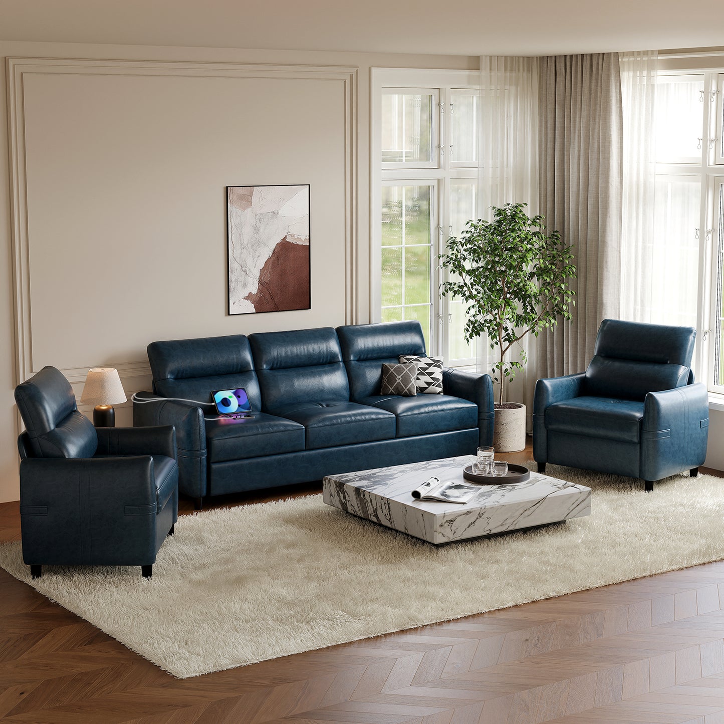 STHOUYN 85” Blue Faux Leather Couch with USB, 3 Seater Couch for Living Room, Large Mid Century Modern Office Sofa for Apartment, Bedroom
