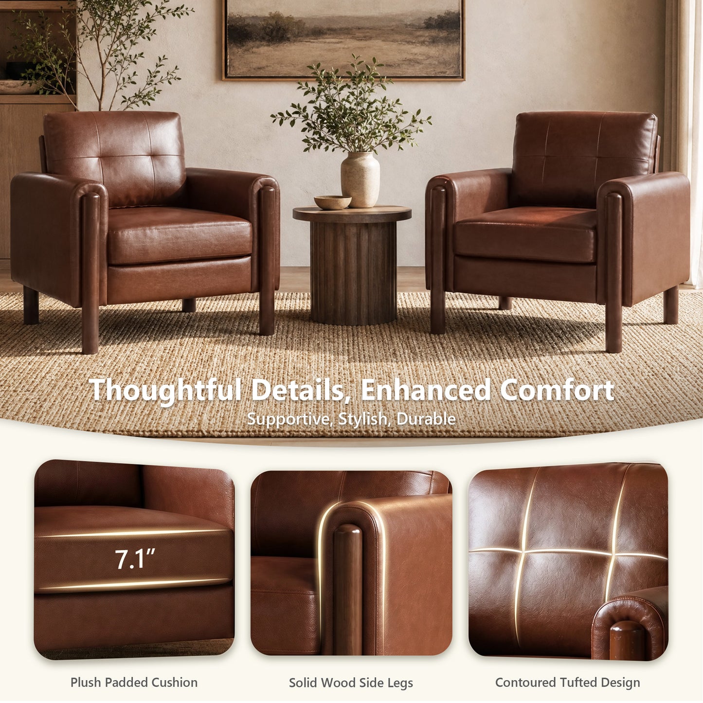 STHOUYN 35" Brown Leather Oversized Accent Chair Set of 2 with Wood Armrests, Mid-Century Modern Tufted Living Room Chair, Comfy Reading Chair with Lumbar Support & Thick Cushion Waiting Room Office