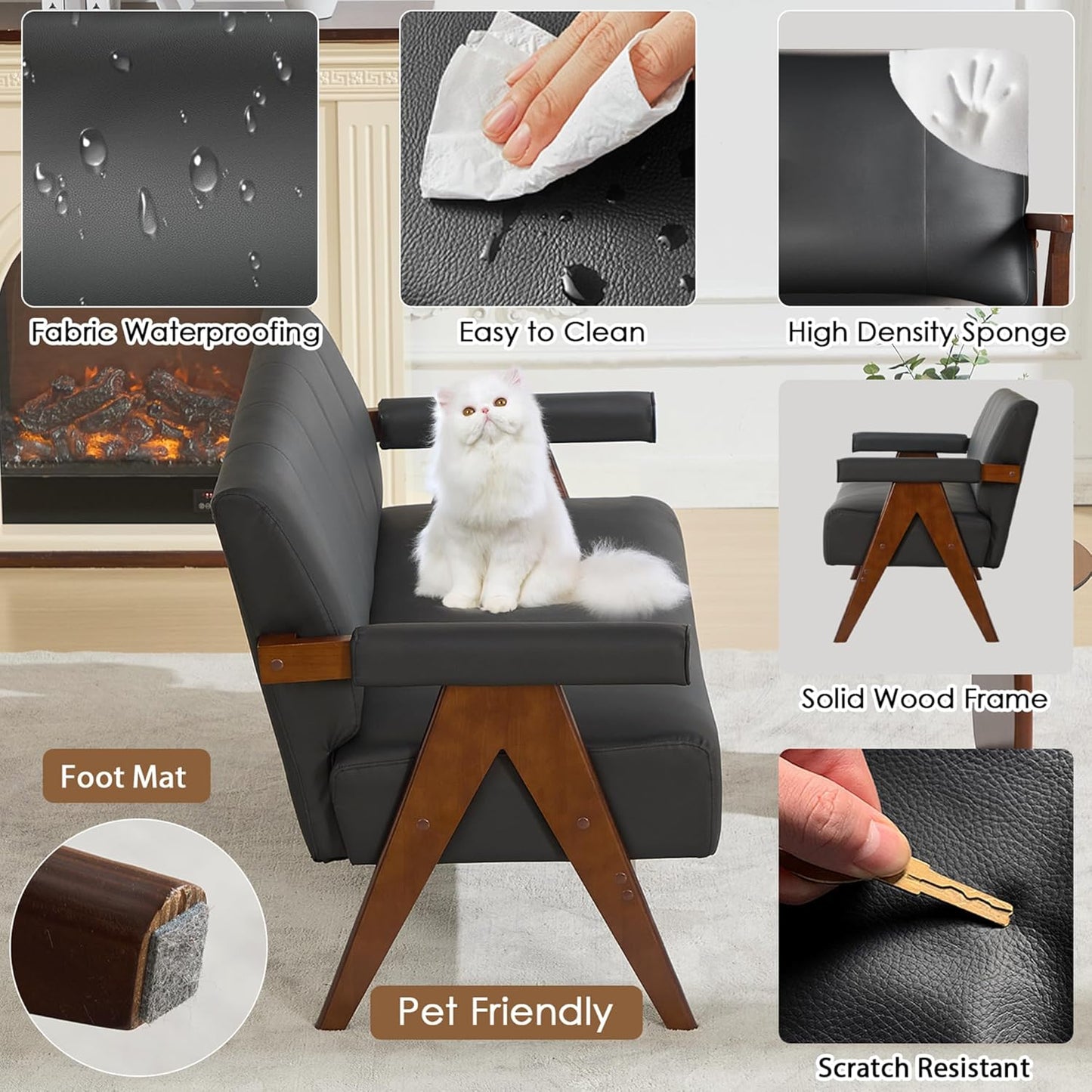 STHOUYN 50" Black Faux Leather Sofa Couch, Small Comfy Office Loveseat with Back, Mid Century Modern Wooden Love Seat Bench Waiting Room Furniture Couches for Living Room, Bedroom