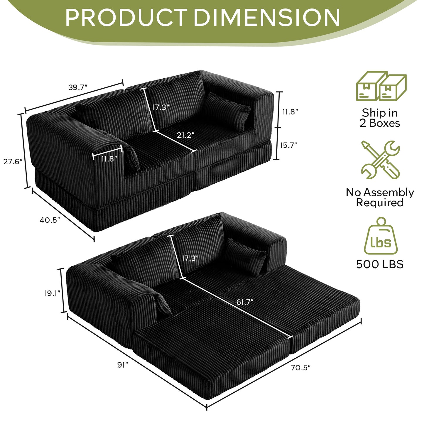 STHOUYN 79" Corduroy Folding Convertible Sleeper Sofa Bed Queen, Black Pull Out Floor Modular Couch with Pillow, Memory Foam Boneless Couchs Sectional for Living Room Bedroom (2, Black)
