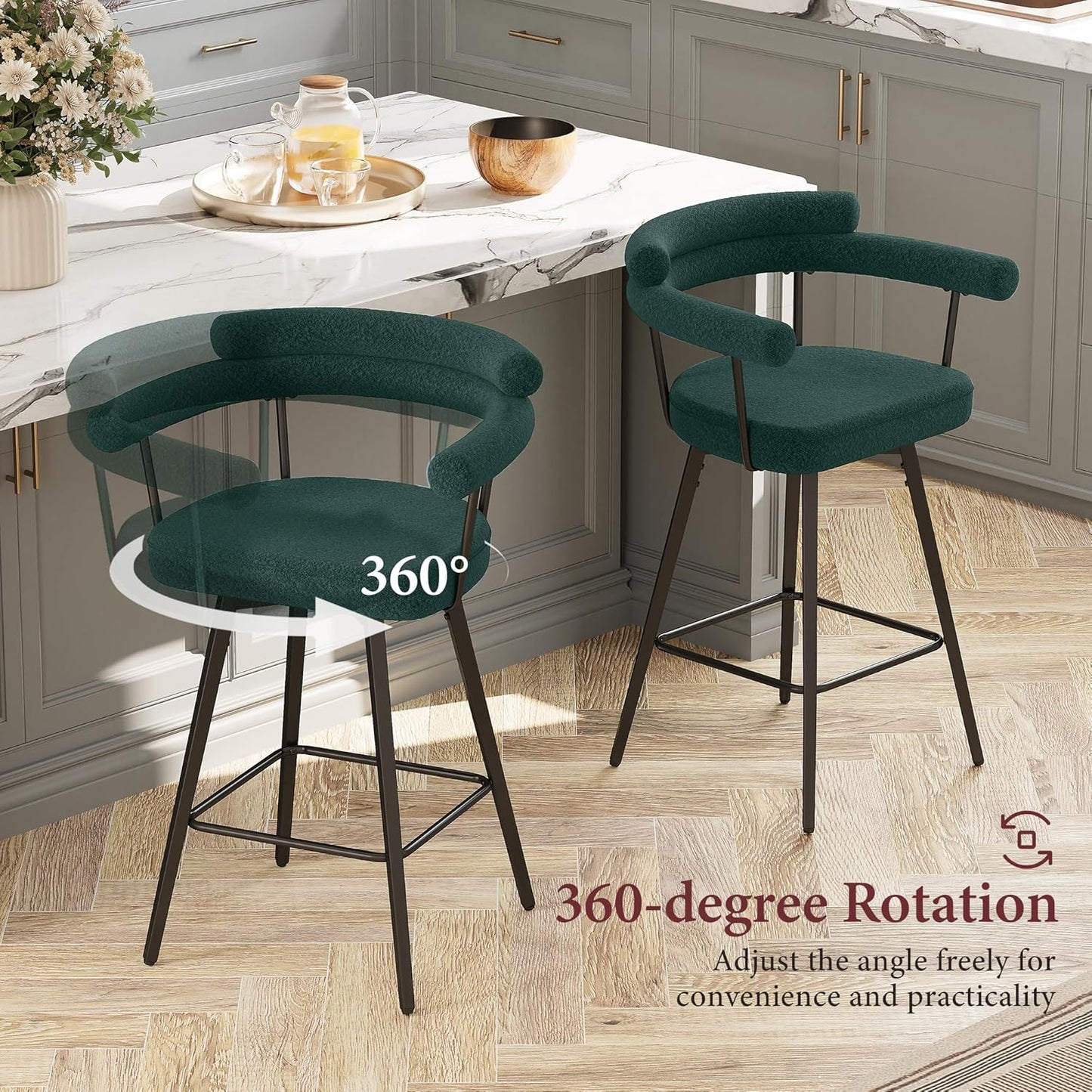 STHOUYN 26” Swivel Bar Stools Set of 4, Mid-Century Modern Boucle Counter Height Bar Stools with High Back and Metal Legs, Upholstered Bar Chairs Barstools for Kitchen Island, Dining Room (4, Green)
