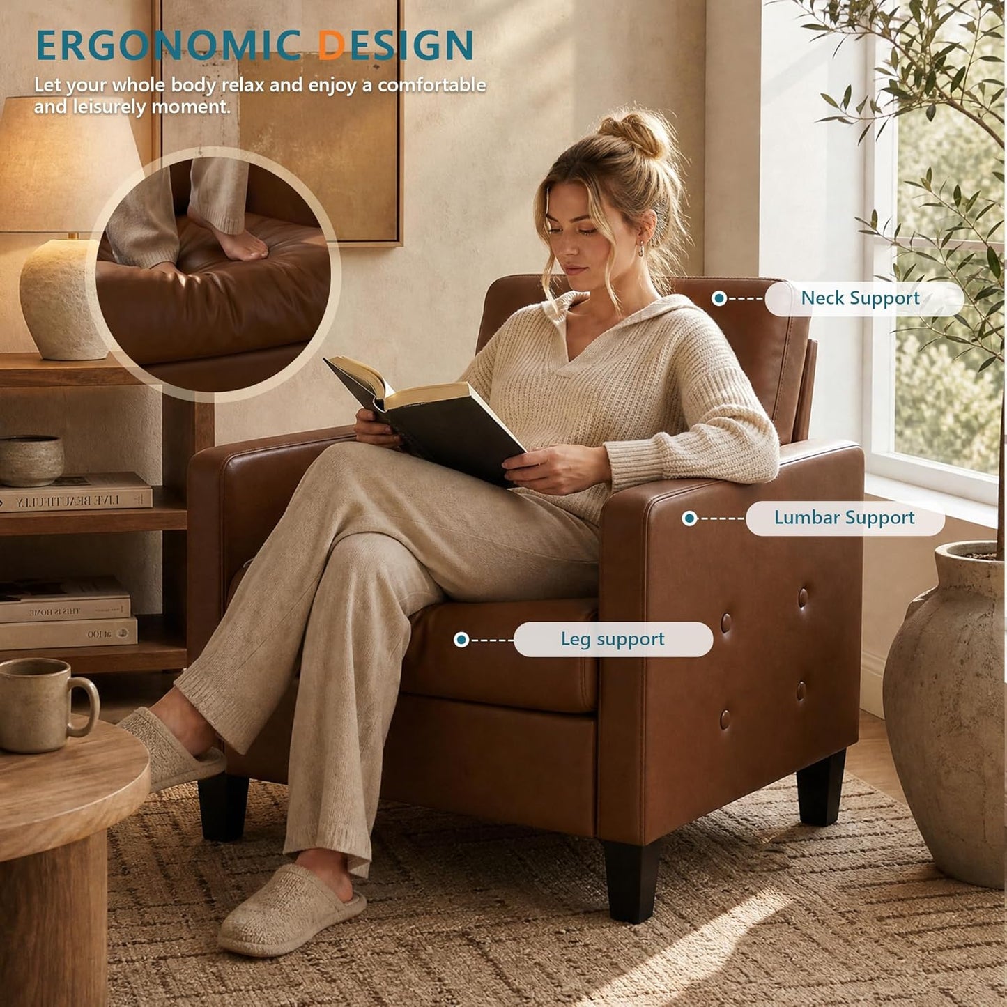 STHOUYN Accent Chair, Brown Leather Chair, Mid-Century Modern Living Room Chairs, Cozy Office Reading Chair with Tufted Seat and Armrest, Reception Armchairs for Bedroom, Waiting Room