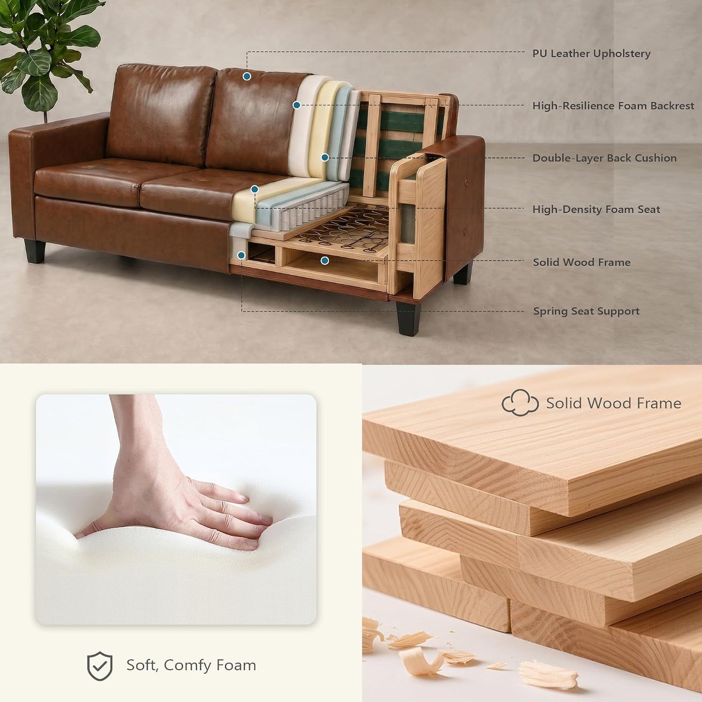 73” Modern Brown Faux Leather Sofa, Office 3 Seater Couch