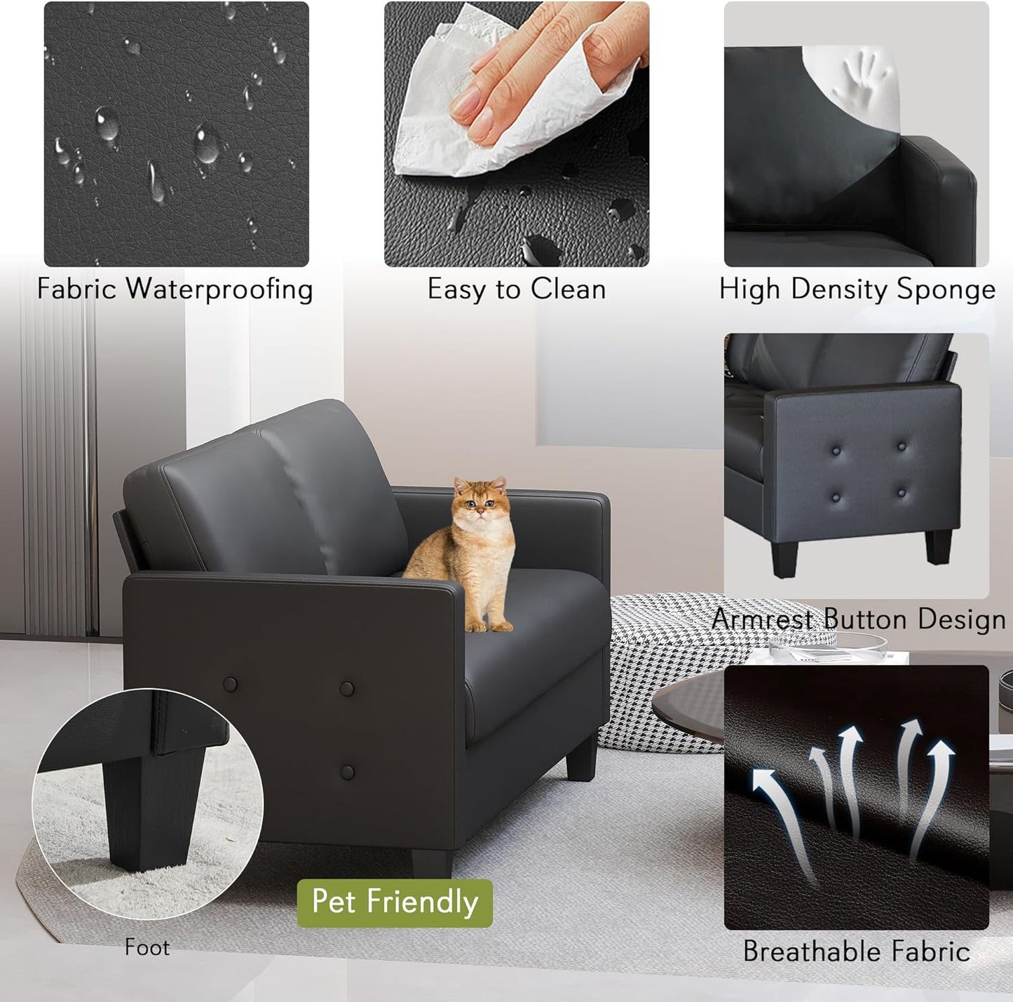 STHOUYN 59” Black Faux Leather Sofa Couch, Modern Comfy Office 2 Seater Couch Loveseat with USB and Tufted Armrest, Small Love Seat Couches for Living Room, Bedroom, Apartment