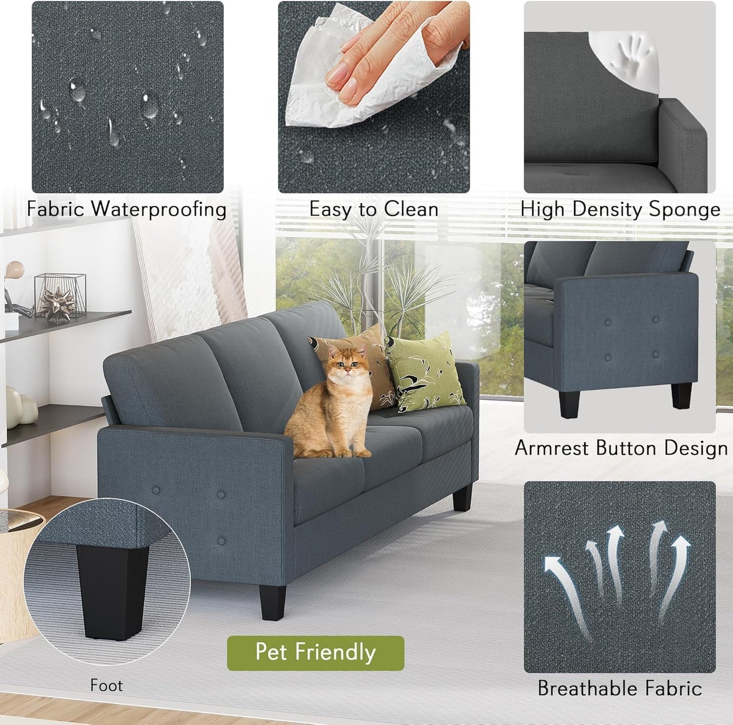 STHOUYN 73" W 3 Seater Sofa Couch with USB Ports, Grey Comfy Couches for Small Spaces, Mid Century Modern Couch Loveseat for Living Room, Apartment, Bedroom (Dark Grey)