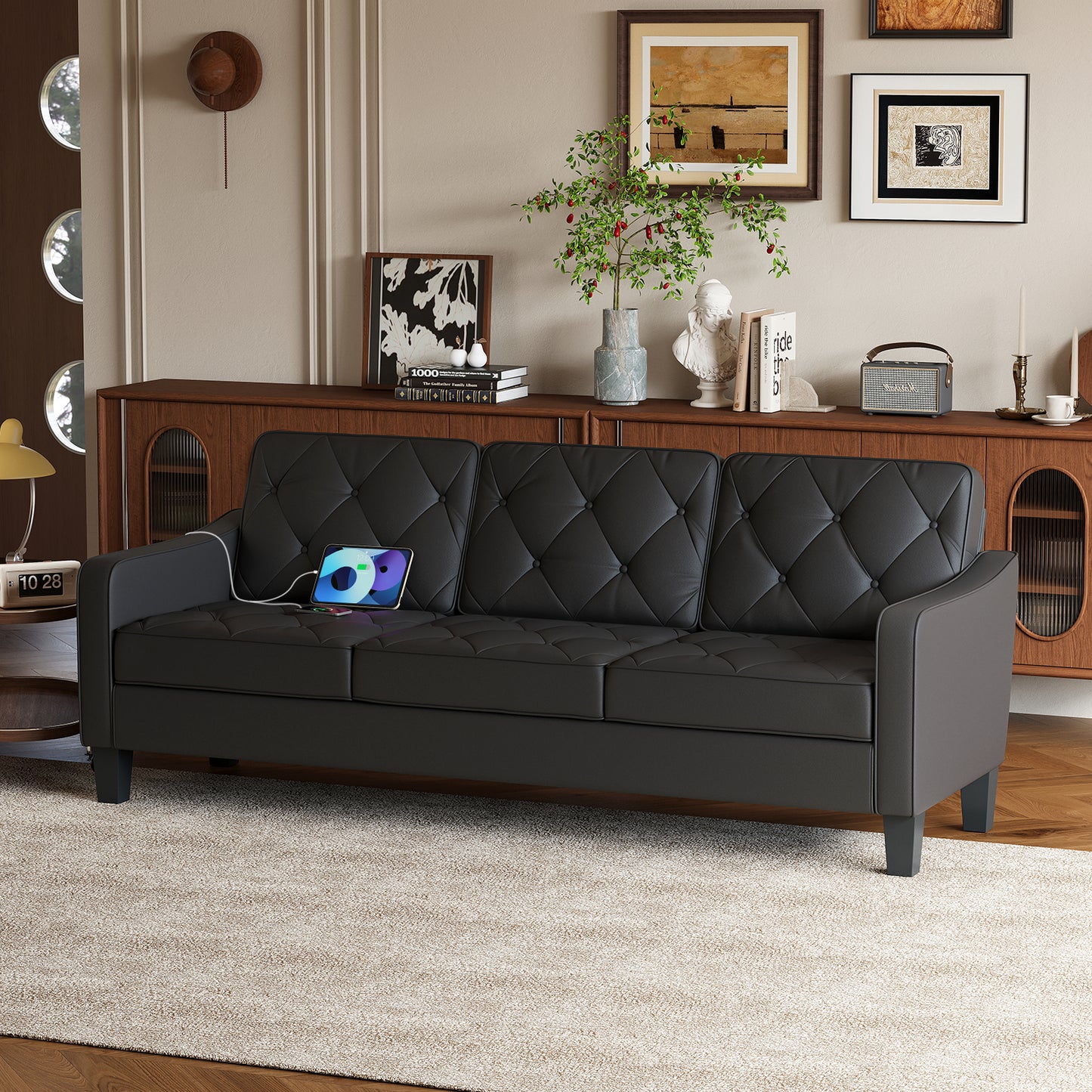 83” Black Faux Leather Couches for Living Room, Comfy 3 Seater Couch, Mid Century Sofa with Tufted Design, Office, or Waiting Area (Black) (Black Leather) (Black (Leather))
