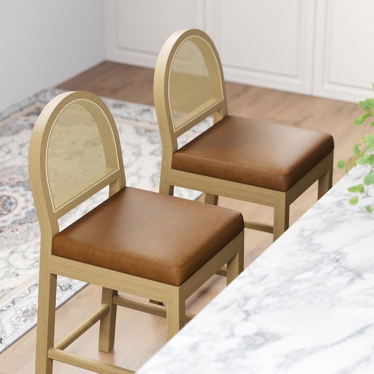 STHOUYN Upholstered Rattan Bar Stools Set of 4, Wooden Island Chairs, Brown