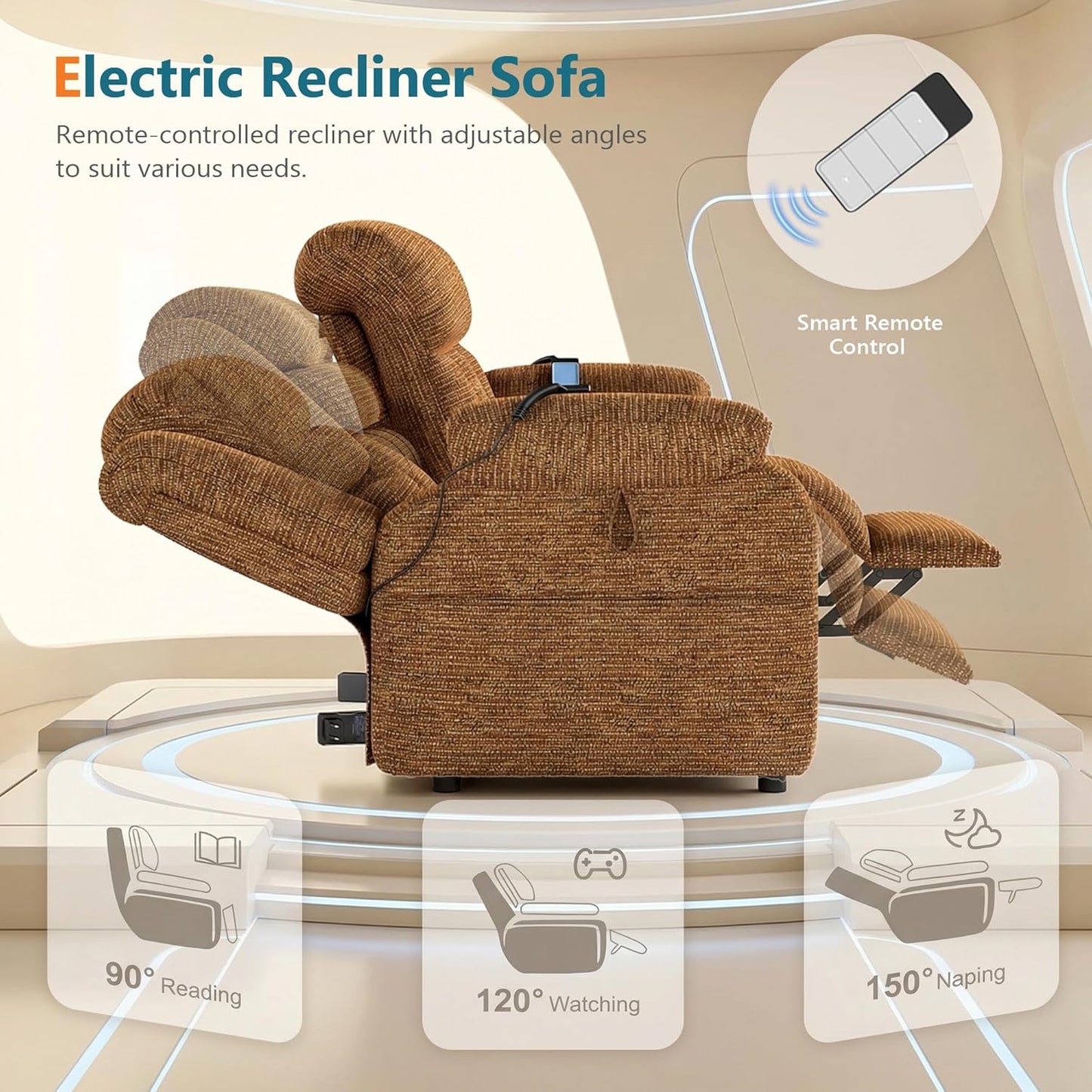 STHOUYN Electric Recliner Sofa Couch, Power Reclining Sofa Loveseat with Pockets & Adjustable Backrest, Comfy Chenille Upholstered 3 Seater Couch for Living Room, Home Theater (Camel Brown)