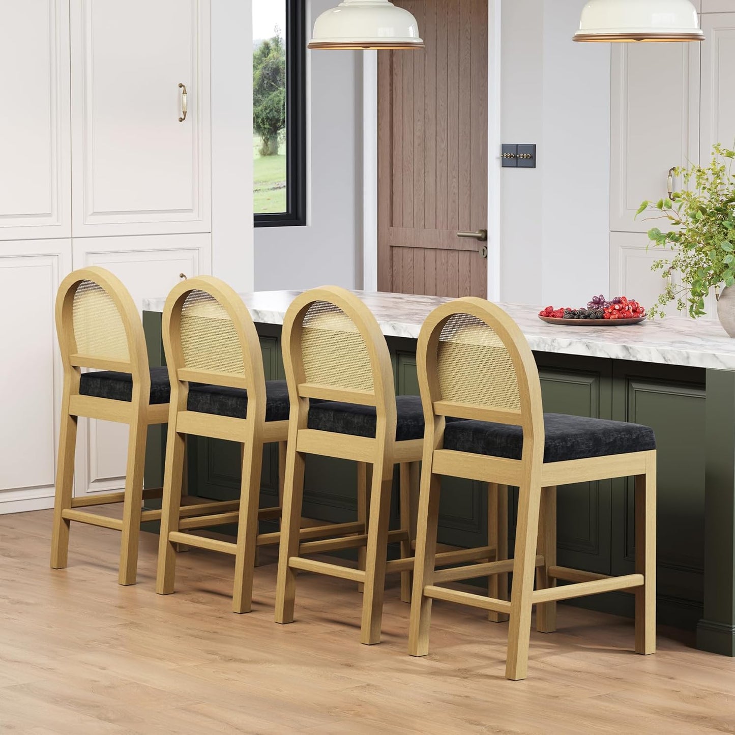 STHOUYN Upholstered Rattan Bar Stools Set of 4, Wooden Counter Height Stools with Natural Rattan Woven Back and Chenille Seat, Mid-Century Modern Island Chairs Barstools for Kitchen (4, Black)