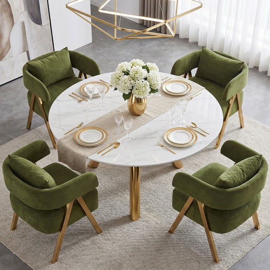 STHOUYN Modern Green Dining Chairs Set of 4 for Kitchen, Velvet Upholstered Kitchen Chairs for Dinning Room, Barrel Chairs for Dining Table with Golden Metal Legs (Green, 4 PCS)