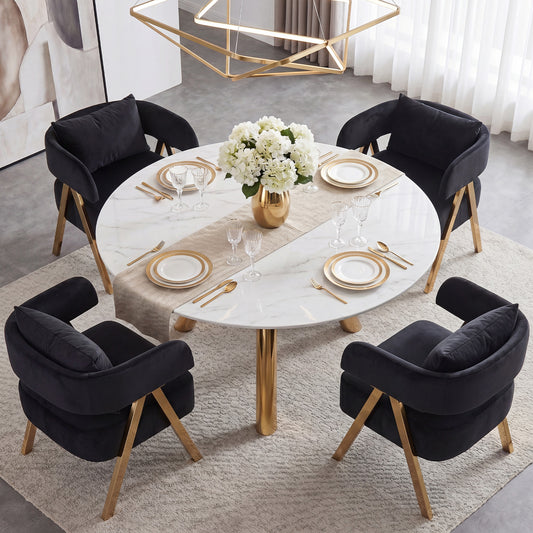 STHOUYN Modern Black Dining Chairs Set of 4 for Kitchen, Velvet Upholstered Kitchen Chairs for Dinning Room, Barrel Chairs for Dining Table with Golden Metal Legs (Black, 4 PCS)