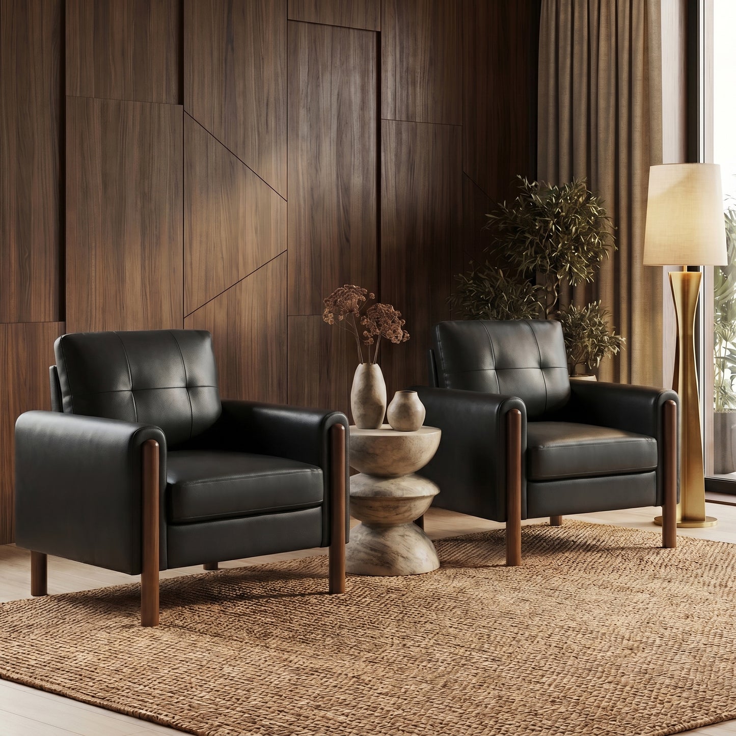 STHOUYN 35" Black Leather Oversized Accent Chair Set of 2 with Wood Armrests, Mid-Century Modern Tufted Living Room Chair, Comfy Reading Chair with Lumbar Support & Thick Cushion Waiting Room Office