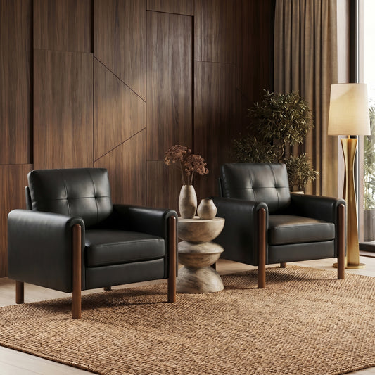 STHOUYN 35" Black Leather Oversized Accent Chair Set of 2 with Wood Armrests, Mid-Century Modern Tufted Living Room Chair, Comfy Reading Chair with Lumbar Support & Thick Cushion Waiting Room Office