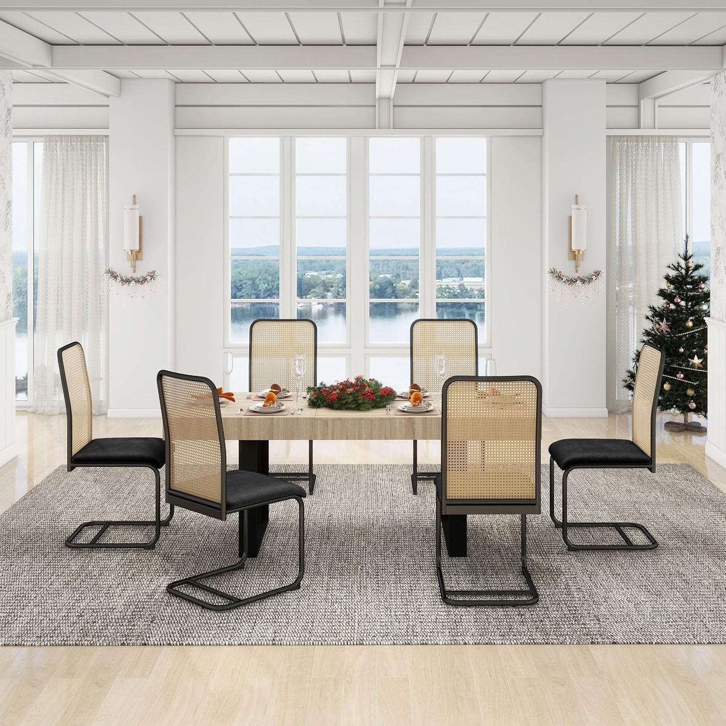 STHOUYN Velvet Rattan Dining Chairs Set of 4, Mid Century Modern Dining Chairs Set of 4, Black Kitchen Chairs Dining Room Chair with Metal Legs & Cane Back