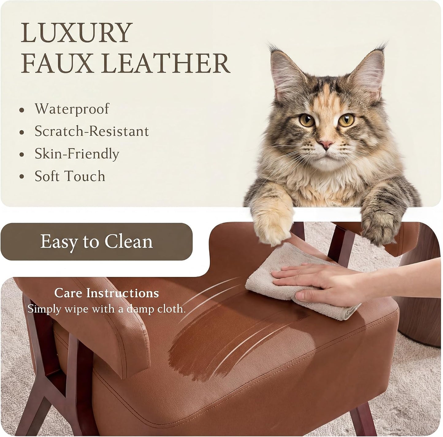 Faux Leather Barrel Accent Chair with Solid Wood Frame (Brown,1) | Mid-Century Modern, Wraparound Back, Reading, Living Room, Office, Bedroom, Dorm