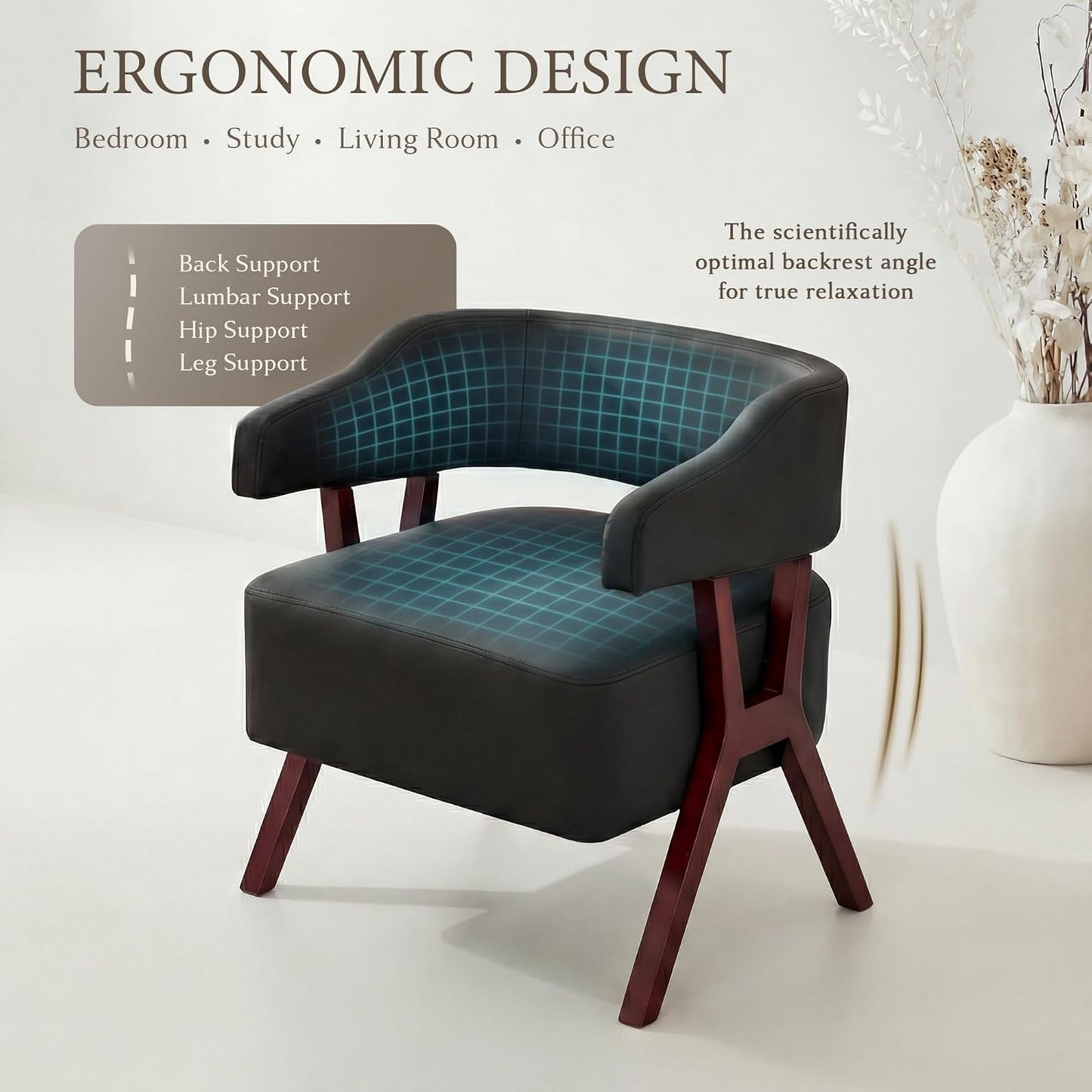 Faux Leather Barrel Accent Chair with Solid Wood Frame (Black,1) | Mid-Century Modern, Wraparound Back, Reading, Living Room, Office, Bedroom, Dorm