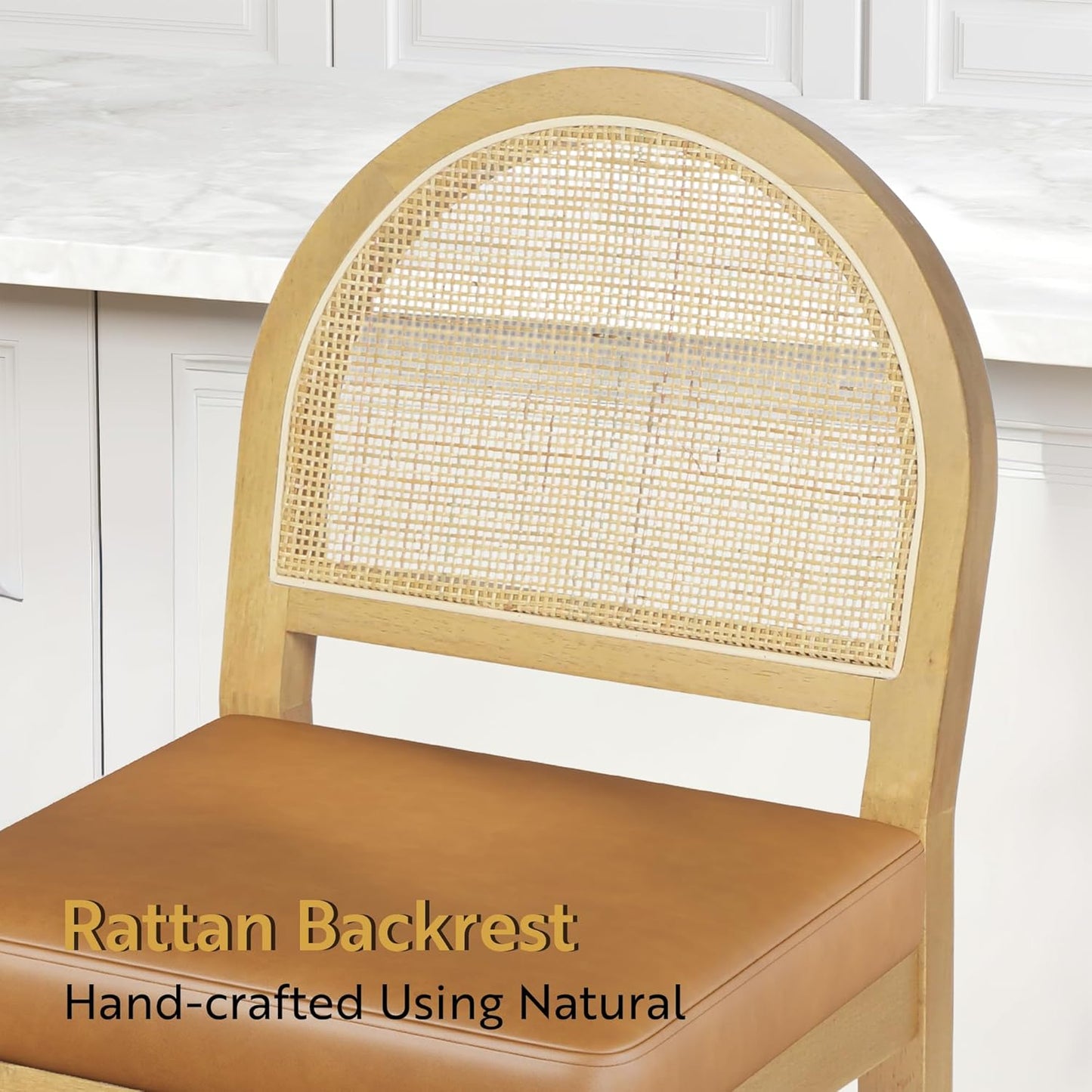 STHOUYN Upholstered Rattan Bar Stools Set of 4, Wooden Counter Height Stools with Natural Rattan Woven Back and Faux Leather Seat, Mid-Century Modern Island Chairs Barstools for Kitchen (4, Brown)