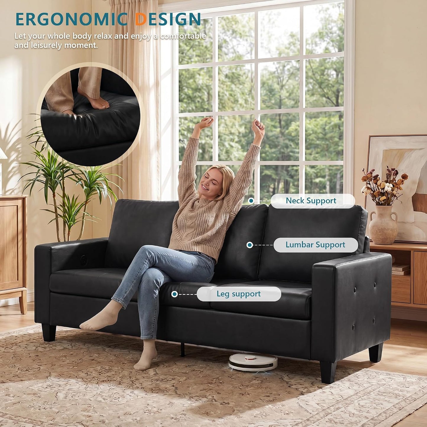73” Black Faux Leather Couch, Comfy 3 Seater Sofa | STHOUYN, Modern, Tufted Armrest, USB Charger, Small, Living Room, Office, Apartment, Bedroom
