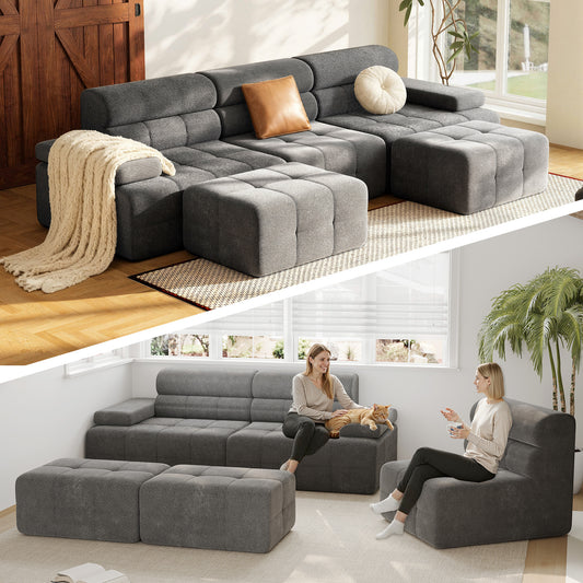 STHOUYN 134" Modular Cloud Sofa Sectional U Couch with Ottoman & Higher Backrest, Modern Boneless Couches for Living Room Set Corner Sofa (Grey, 134 Inches)