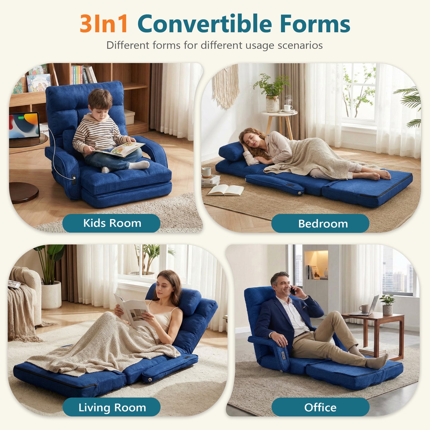 STHOUYN Comfy Floor Chair, Gaming Lounge Couch Chair Bed with 2 USB Charger & 5-Position Adjustable Back, Lazy Folding Sofa Bed, Convertible Sleeper Chair for Living Room, Bedroom, Dorm (Blue)