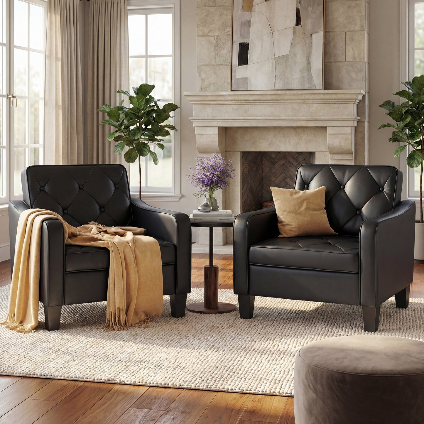 STHOUYN Black Accent Chairs Set of 2, Mid-Century Modern Faux Leather Armchair, Upholstered Living Room Chair Tufted Back, Ergonomic Office Guest Reading Chair Waiting Room, 330LBS Capacity (2, Black)