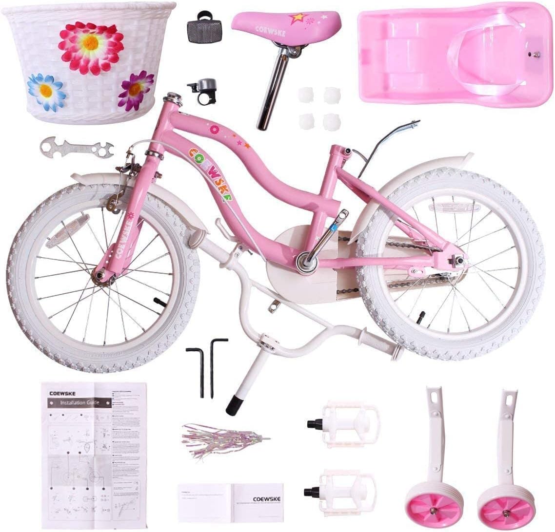 COEWSKE Kid's Bike Steel Frame Children Bicycle Little Princess Style 16 Inch with Training Wheel, Pink
