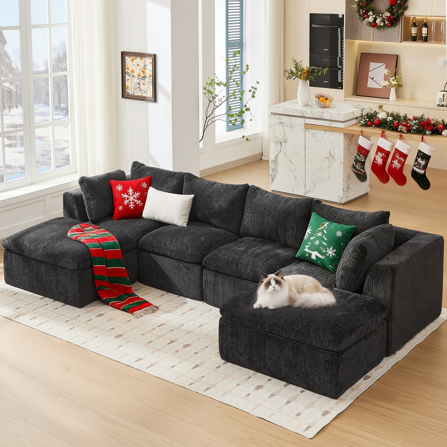 STHOUYN 145” Modern Black U Shape Sectional Couches for Living Room, Black Modular Cloud Sofa Boneless Couch with Ottoman, Comfy Big Oversized Corner Couch (Black, 4 Seater + 2 Ottoman)