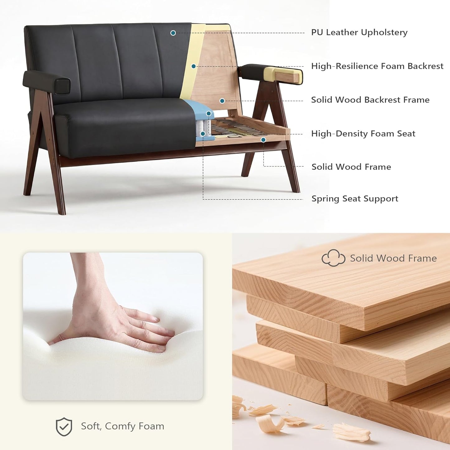 Leather Loveseat Sofa and Accent Chairs Set of 2, Mid-Century Modern Office Furniture Couch and Chair Set, Black Small Love Seat Couches with Wood Arm, 3 Pieces Living Room Furniture Sets (3)