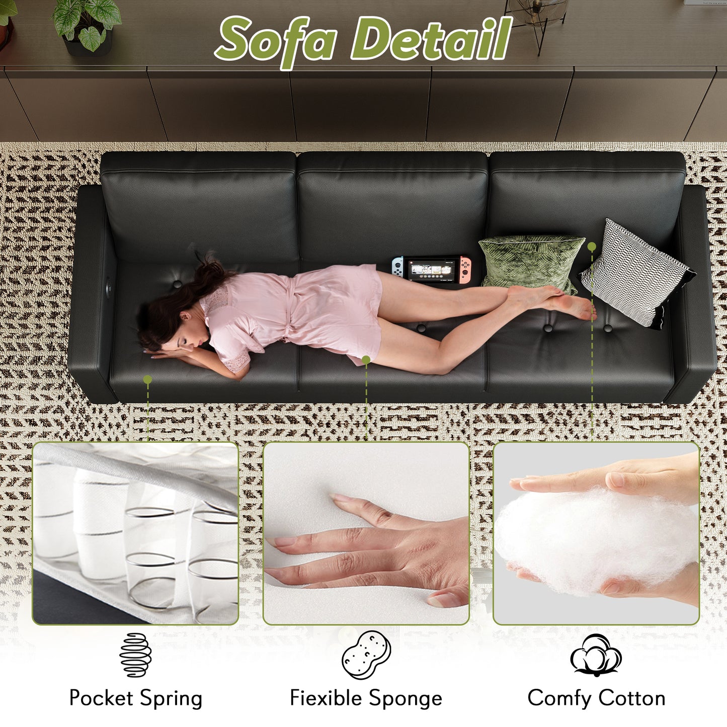 STHOUYN 73” Black Faux Leather Couch, Modern Comfy Office 3 Seater Sofa Couch with Tufted Armrest and USB, Small Love Seat Couches for Living Room, Apartment, Bedroom