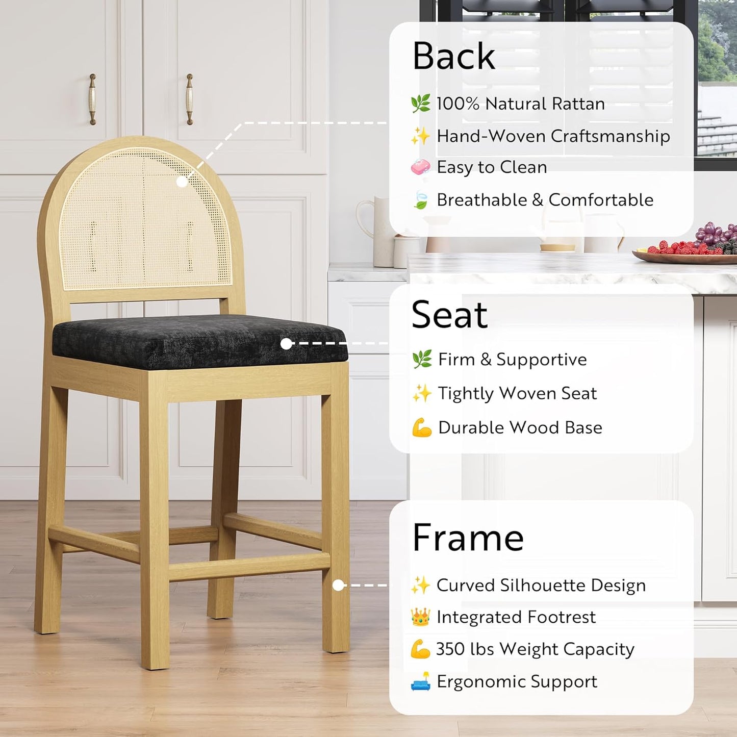 STHOUYN Upholstered Rattan Bar Stools Set of 4, Wooden Counter Height Stools with Natural Rattan Woven Back and Chenille Seat, Mid-Century Modern Island Chairs Barstools for Kitchen (4, Black)