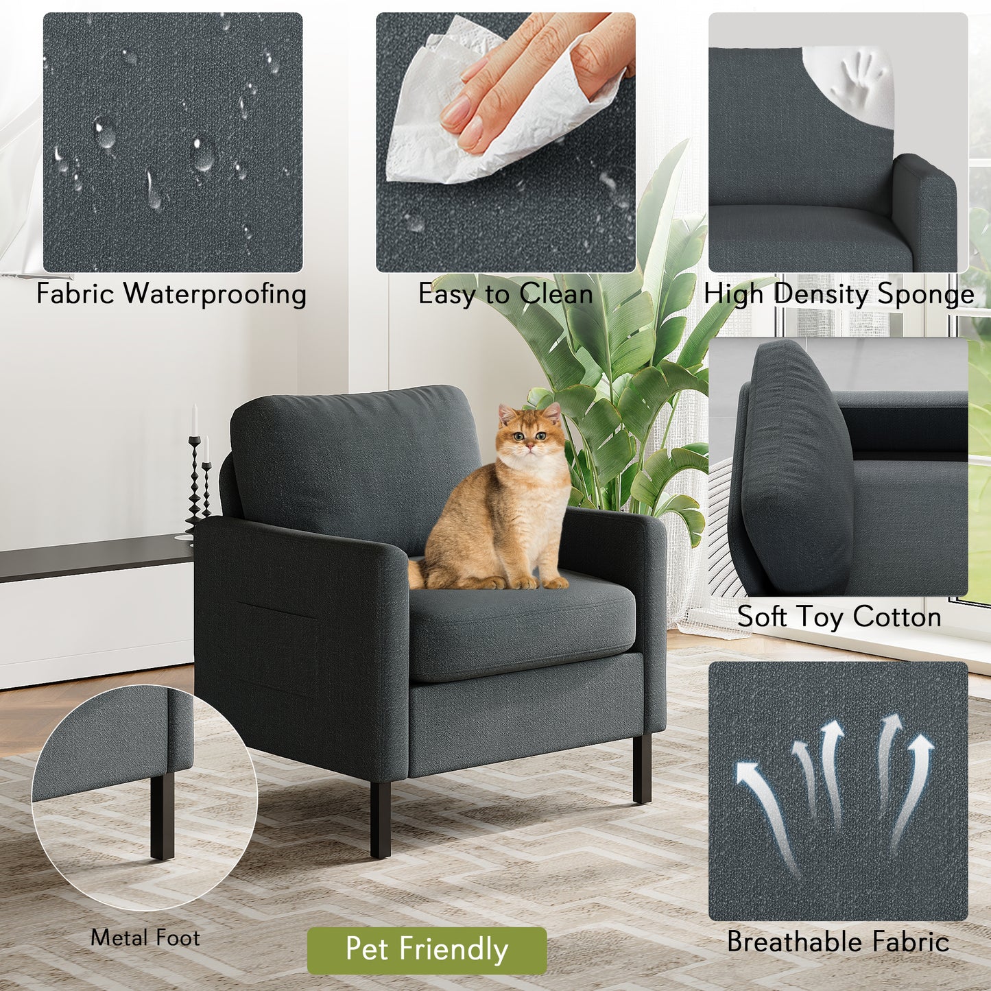 STHOUYN Modern Accent Chairs Set of 2, Bedroom Chair with Side Pockets, Linen Fabric Living Room Chair, Side Arm Chairs for Apartment, Waiting Room (Dark Grey, 2pcs)