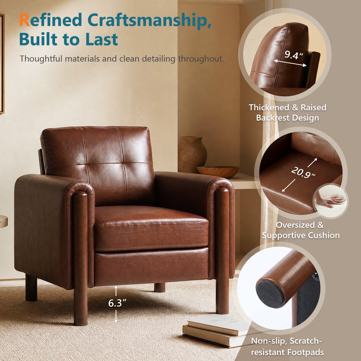 STHOUYN 35" Brown Leather Oversized Accent Chair Set of 2 with Wood Armrests, Mid-Century Modern Tufted Living Room Chair, Comfy Reading Chair with Lumbar Support & Thick Cushion Waiting Room Office