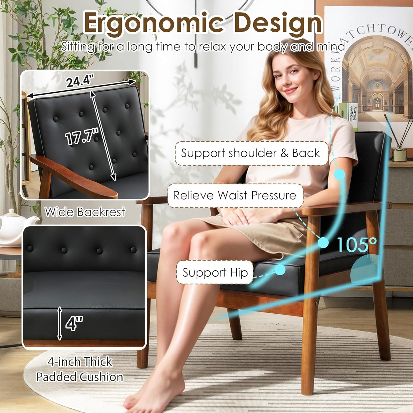 STHOUYN Black Leather Accent Chairs Set of 2, Waiting Room Chairs with Wood Arms, Office Guest Arm Chair, Mid Century Modern Living Room Chair (2, Black)