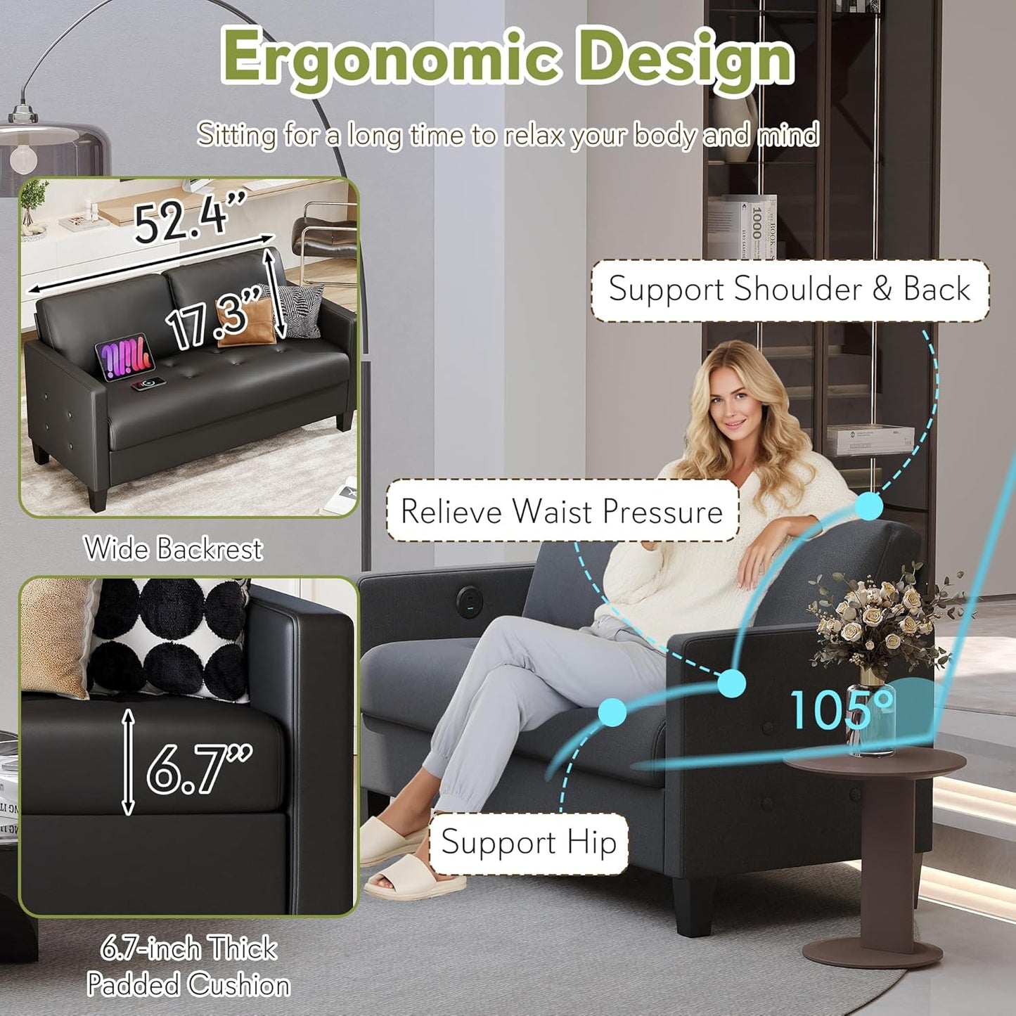 STHOUYN 59” Black Faux Leather Sofa Couch, Modern Comfy Office 2 Seater Couch Loveseat with USB and Tufted Armrest, Small Love Seat Couches for Living Room, Bedroom, Apartment