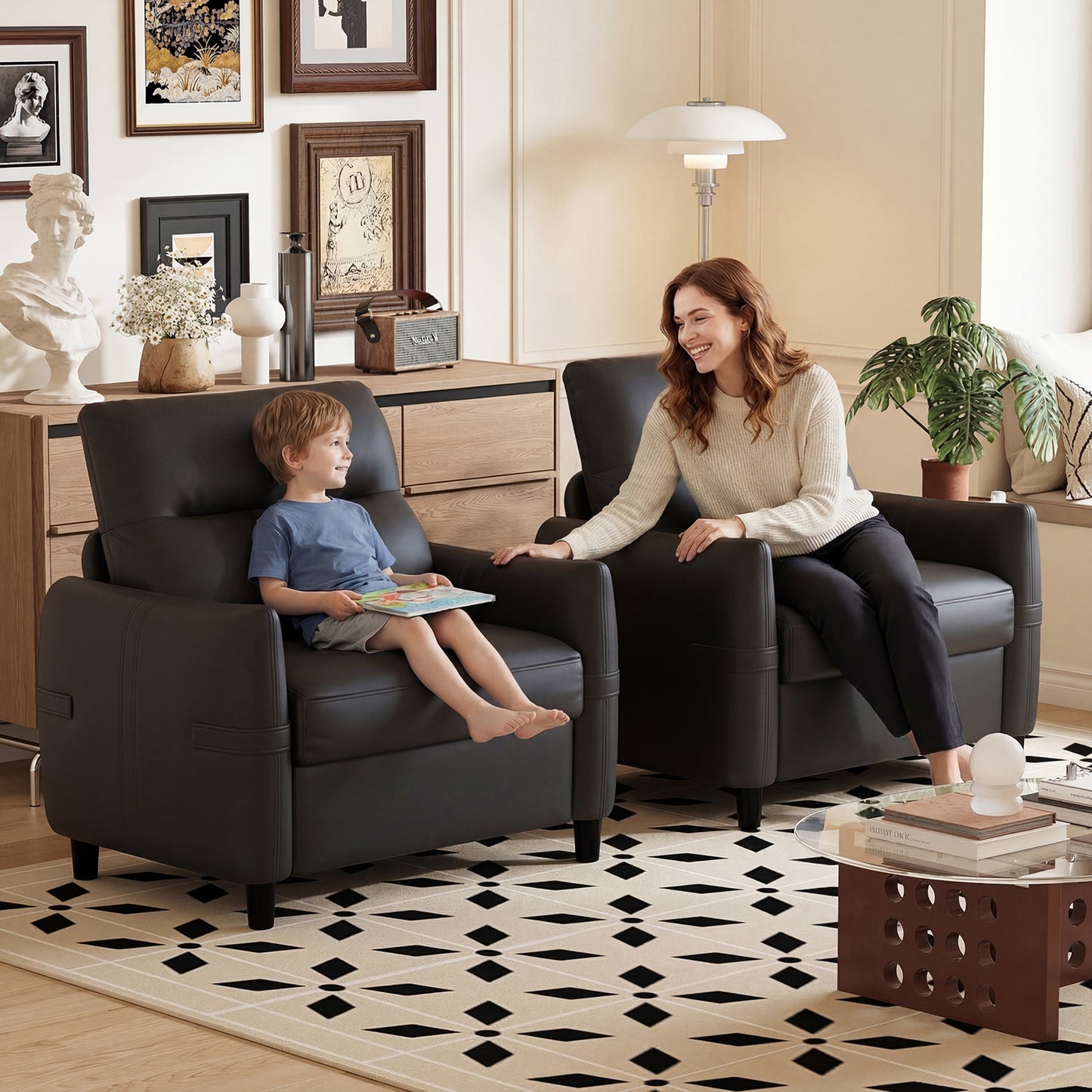 STHOUYN Oversized Leather Accent Chairs for Living Room, Comfy Upholstered Deep Seat Armchair for Adults, Mid Century Modern Arm Chair for Office, Bedroom, Apartment, Reading & Waiting Room (2, Black)