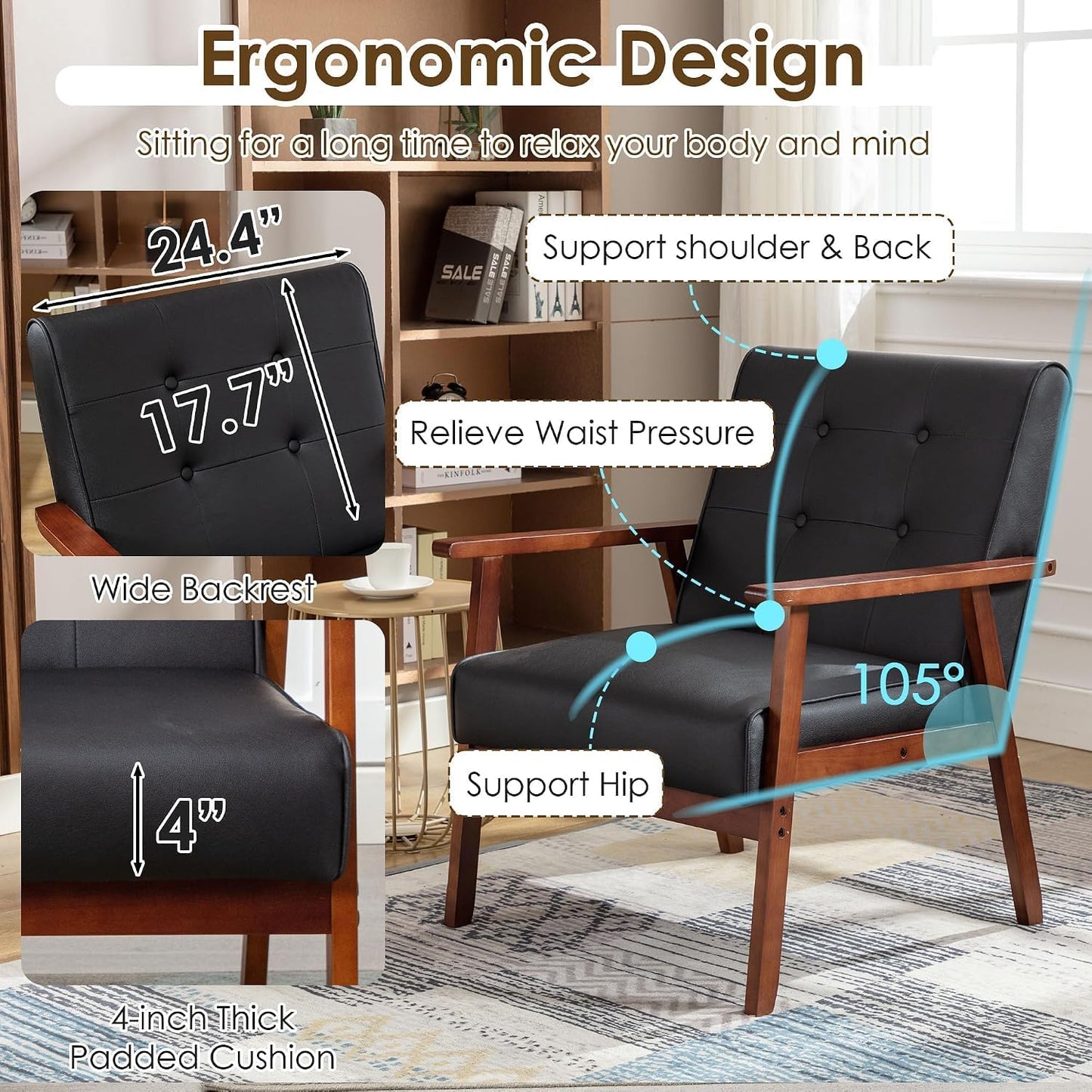 STHOUYN Accent Chairs Set of 2, Faux Leather Chair with Wood Frame, Upholstered, Tufted, Comfy, Reading Arm Chair, Mid-Century Modern, Living Room, Waiting Room, Office