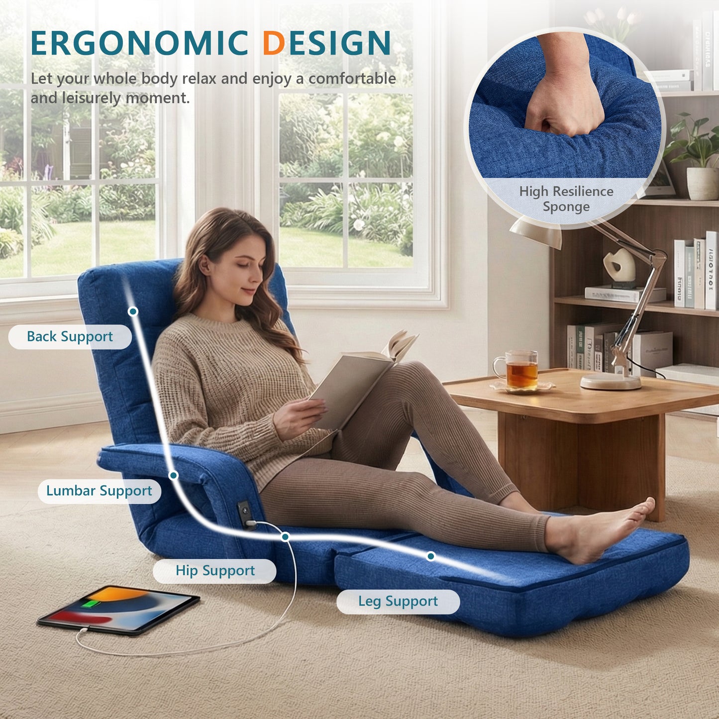 STHOUYN Comfy Floor Chair, Gaming Lounge Couch Chair Bed with 2 USB Charger & 5-Position Adjustable Back, Lazy Folding Sofa Bed, Convertible Sleeper Chair for Living Room, Bedroom, Dorm (Blue)