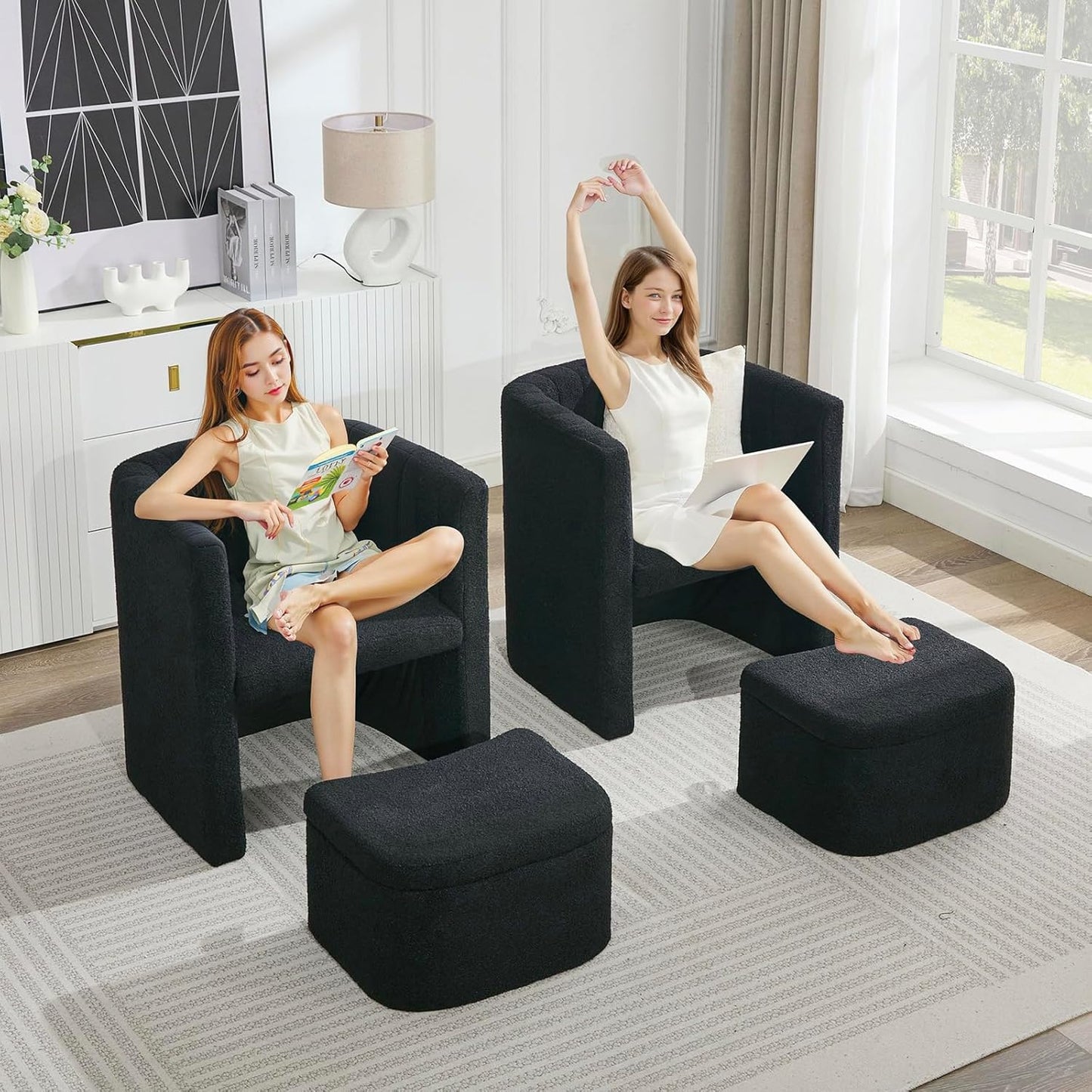 STHOUYN Barrel Accent Chair with Storage Ottoman, Comfy Reading Chair with Ottoman, Bedroom Corner Chair Bucket Arm Chairs, Living Room Chairs (2, Black)