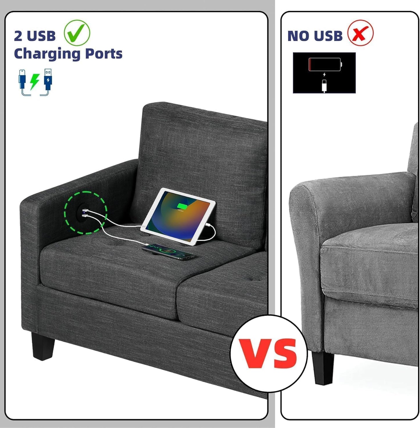 STHOUYN 72" W 3 Seater Couch with USB Ports, Grey Comfy Sofa Couches for Small Spaces, Mid Century Modern Couch Loveseat for Living Room, Bedroom, Apartment (Dark Grey)