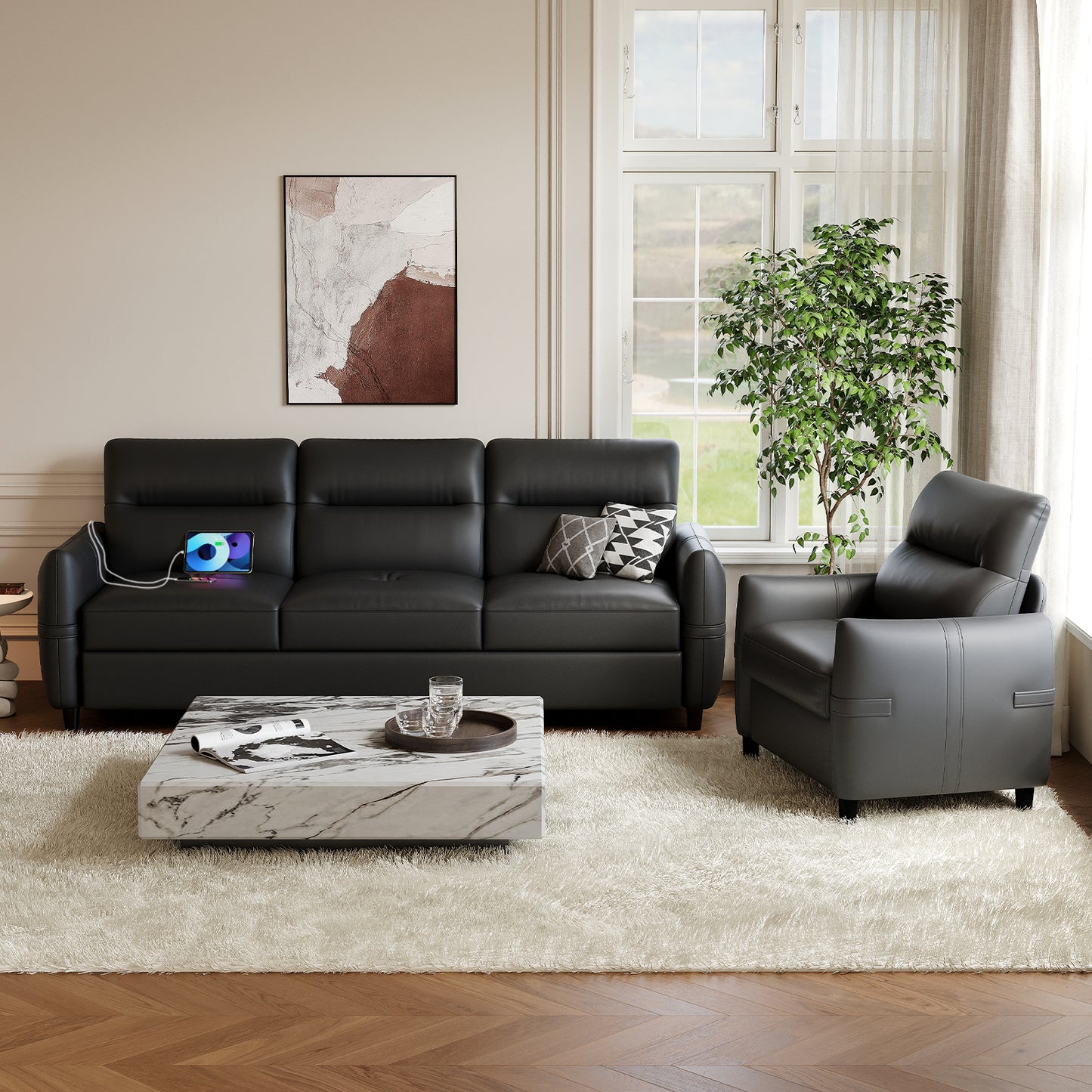 STHOUYN 85” Black Faux Leather Couch with USB, 3 Seater Couch for Living Room, Large Mid Century Modern Office Sofa for Apartment, Bedroom