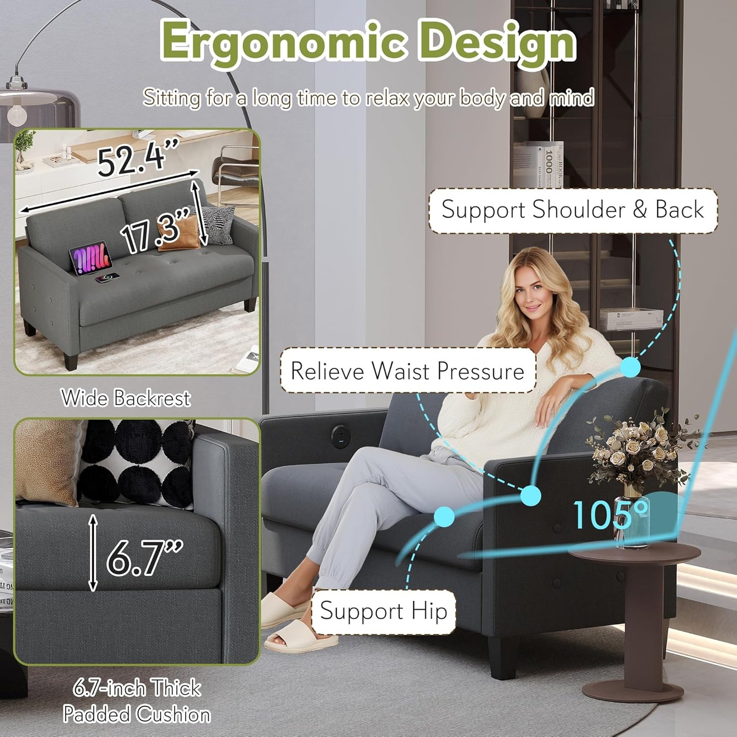 STHOUYN Comfy Loveseat Sofa Small Grey Couch, Small Love Seat Bedroom, Mid Century Modern Couches Living Room Dorm Office, 2 Seater Couch Deep Seat Sofas, 57”W (Dark Grey (Loveseat))