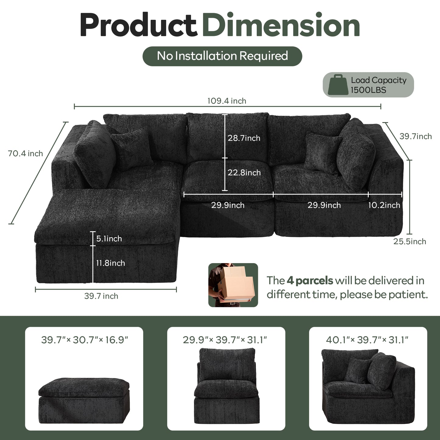STHOUYN 113” Modern Black Boneless Sectional Couches for Living Room, Black Modular L Shape Cloud Sofa Couch with Ottoman, Comfy Big Oversized Corner Couch (Black, 3 Seater + 1 Ottoman)