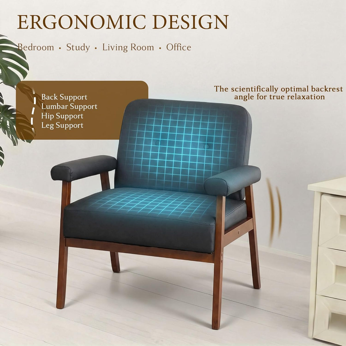 STHOUYN Upholstered Accent Chair, Black Leather Chair with Wooden Legs | Wood Frame, Reading Arm Chair, Mid-Century Modern, Comfy, Living Room, Waiting Room