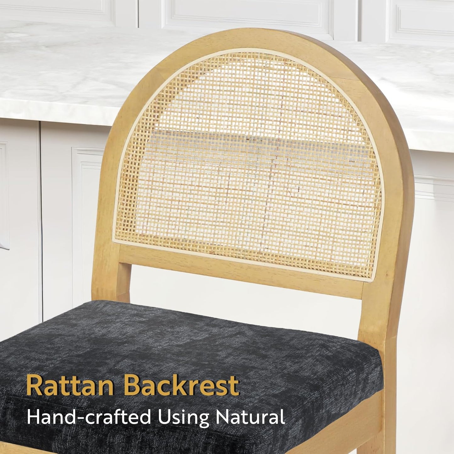 STHOUYN Upholstered Rattan Bar Stools Set of 2, Wooden Counter Height Stools with Natural Rattan Woven Back and Chenille Seat, Mid-Century Modern Island Chairs Barstools for Kitchen (2, Black)