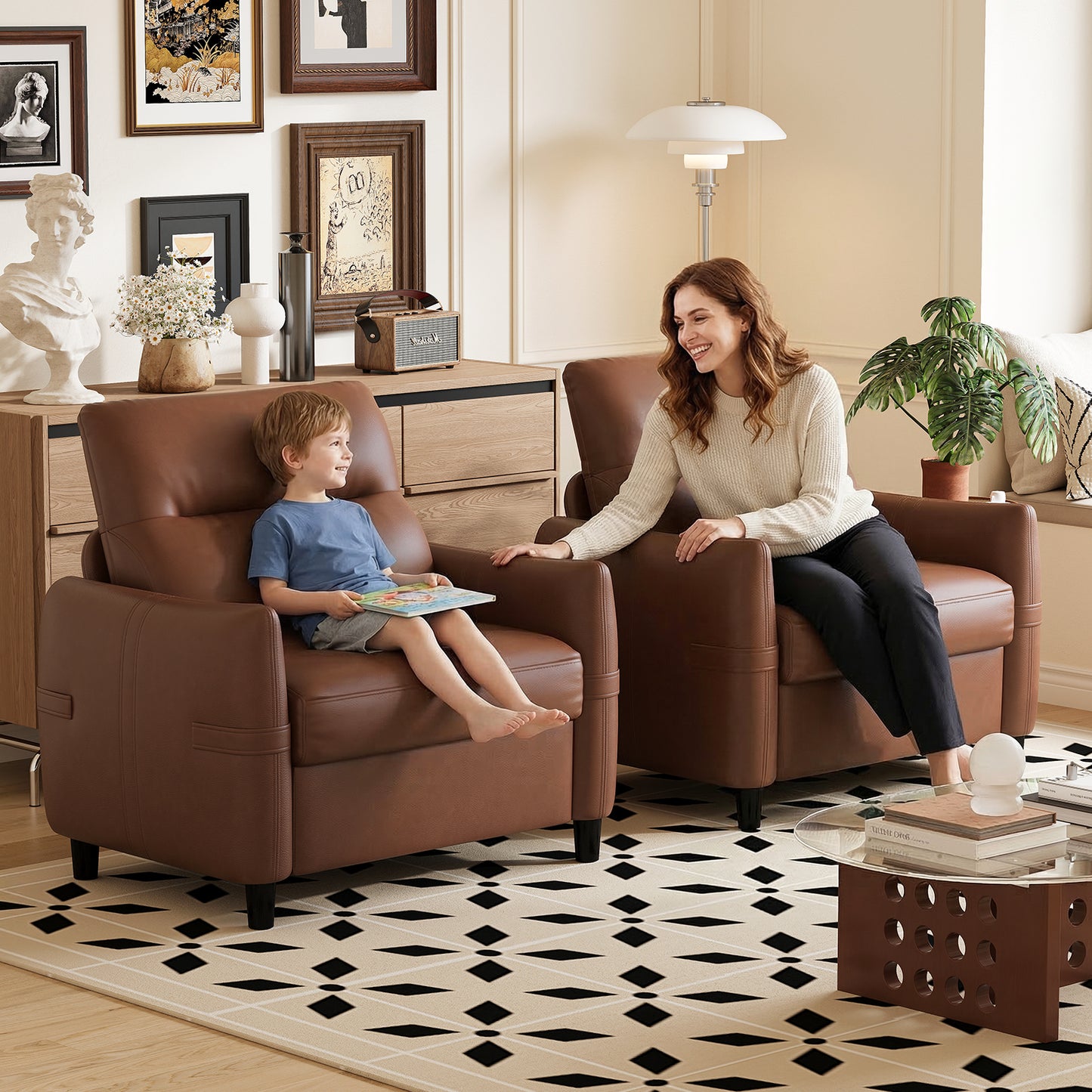 STHOUYN Oversized Leather Accent Chairs for Living Room, Comfy Upholstered Deep Seat Armchair for Adults, Mid Century Modern Arm Chair for Office, Bedroom, Apartment, Reading & Waiting Room (2, Brown)