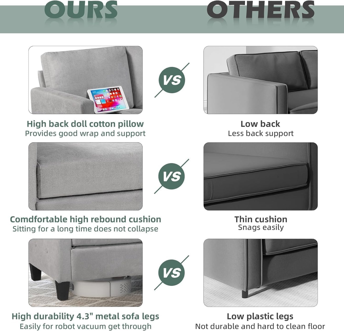 STHOUYN 73" W 3 Seater Couch with USB Ports, Grey Comfy Sofa Couches for Small Spaces, Mid Century Modern Couch Loveseat for Living Room, Bedroom, Apartment (Light Grey)