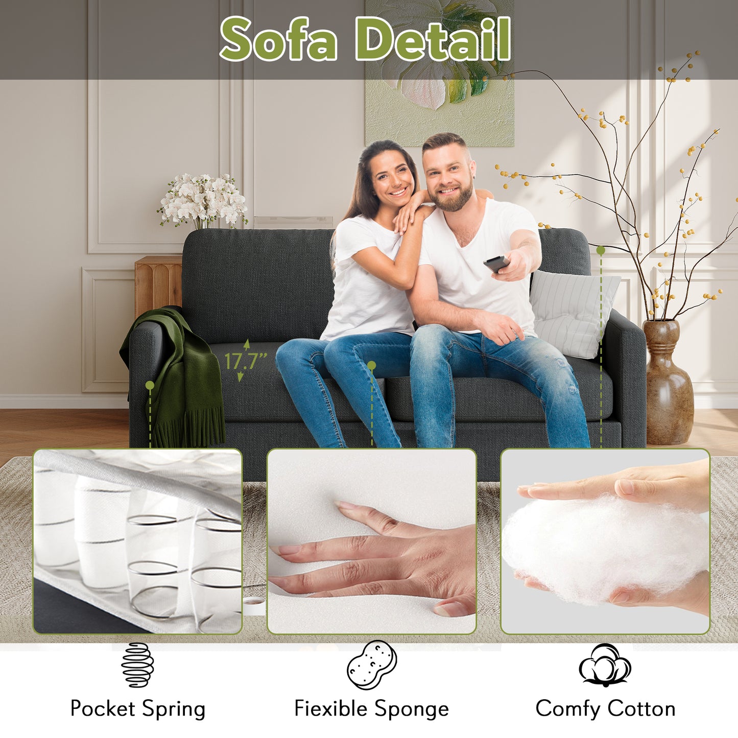 STHOUYN Modern 3-Piece Living Room Set, 56" Grey Sofa Loveseat with USB Ports, Small Couch and Chair Set for Small Space, Apartment, Office (Grey, 2 Chairs + 1 Loveseat)