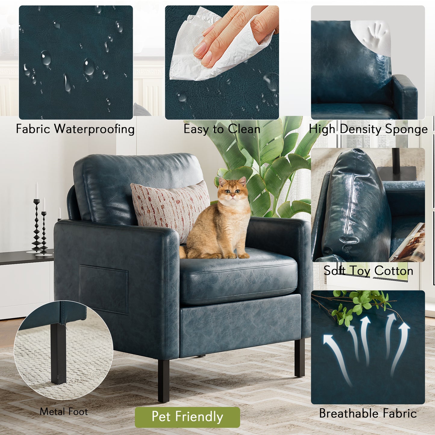 STHOUYN Accent Chairs Set of 2 w/Side Pockets, Faux Leather Chairs w/Wooden Frame, Mid Century Modern Reading Chair for Office, Armchairs for Living Room, Dorm, Apartment (1, Blue)