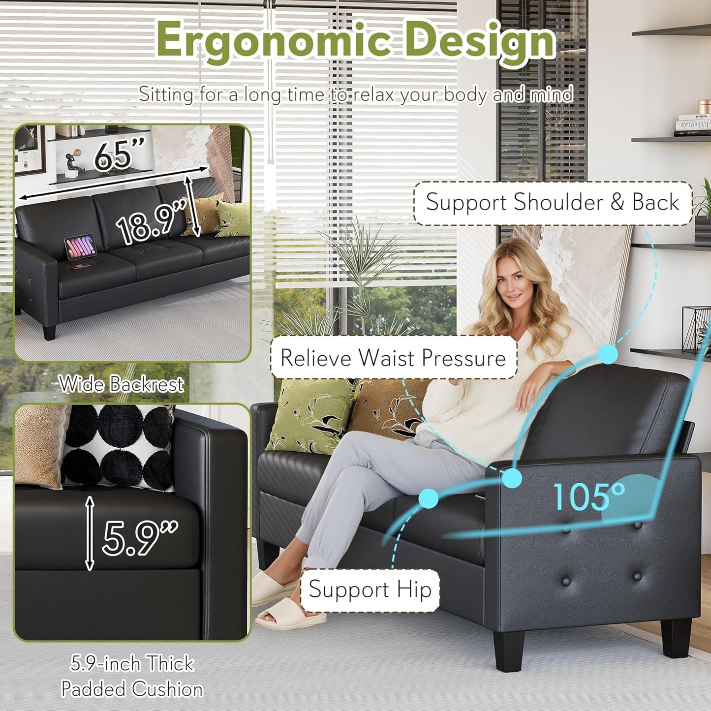STHOUYN 73” Black Leather Couch, Modern Comfy Office 3 Seater Sofa Couch with Tufted Armrest and USB, Small Love Seat Couches for Living Room, Apartment, Bedroom